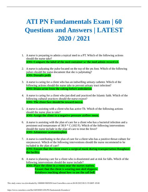 ATI<strong> PN Fundamentals</strong> Exam |<strong> 60 Questions</strong> and Answers | LATEST<strong> 2020</strong> / 2021 1. . Pn fundamentals 2020 70 questions